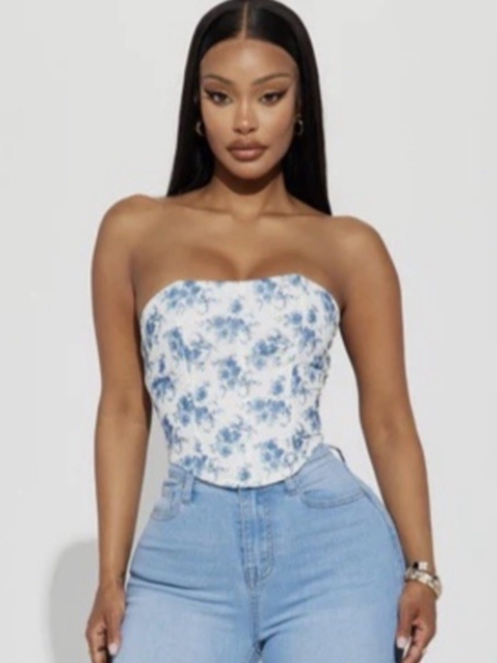 Fashion Nova White Strapless Floral Corset Top with Blue Print NWT
